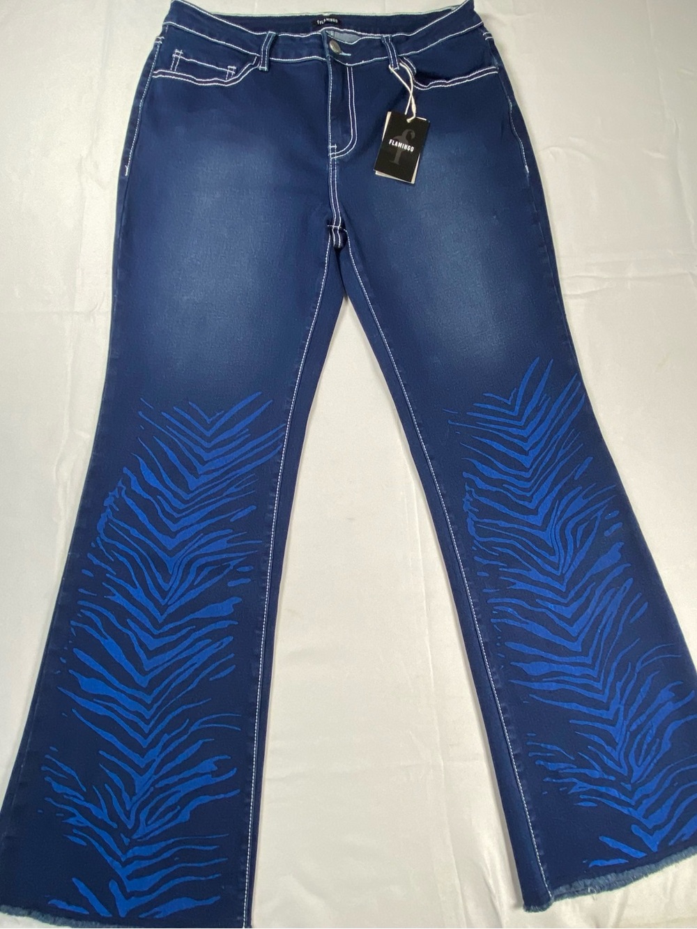 Flamingo Flare Jeans Womens XL Blue Stretch Denim Zebra Print Y2K NWT